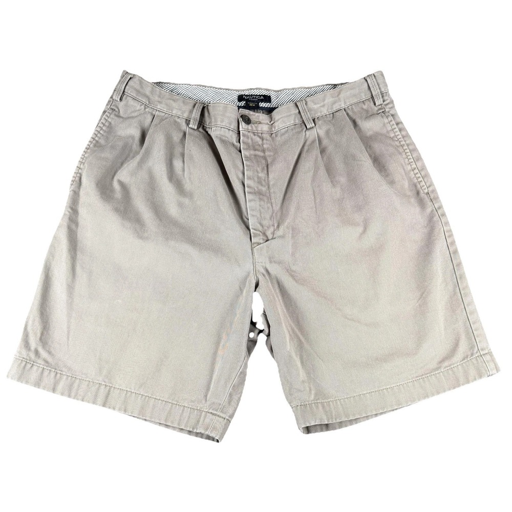 Nautica Shorts Mens 38 Beige Chino Pleated Classic Fit 9 Inseam Summer Casual